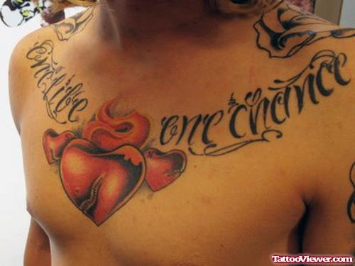 Red Heart and Lettering Chest Tattoo