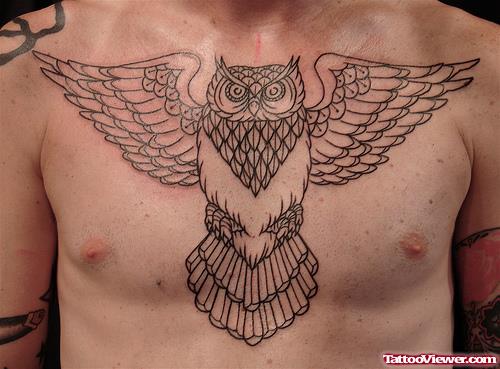 Outline Flying Owl Chest Tattoo