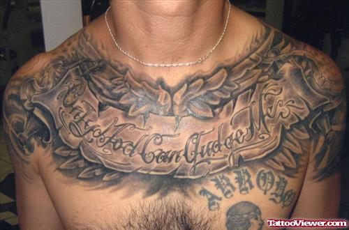 Only God Can Judge Me Banner And Grey Ink Wings Chest Tattoo
