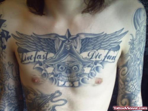 Grey Ink Winged Skull Chest Tattoo