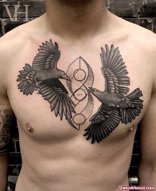 Grey Ink Flying Birds Chest Tattoo For Men