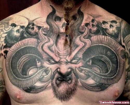 Grey Ink Demon Head Chest Tattoo For Men