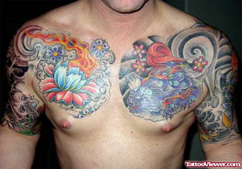 Flaming Lotus Flower And Dragon Chest Tattoo