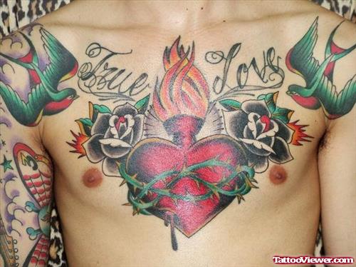 Burning Heart Rose Flowers And Birds Chest Tattoo
