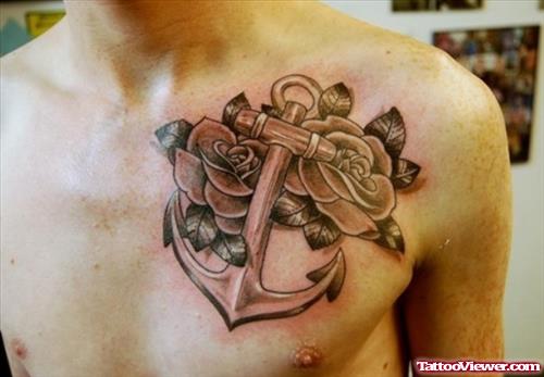 Anchor With Flowers Chest Tattoo