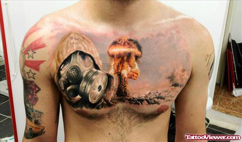 Amazing Colored Ink Fire Cloud Chest Tattoo