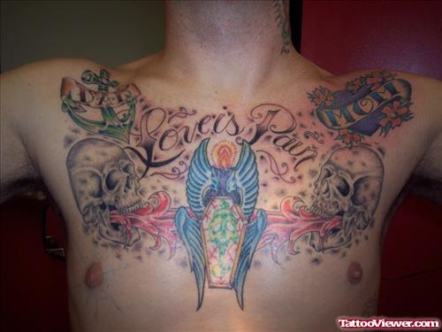 Love is Pain - Winged Coffin And Skulls Chest Tattoo