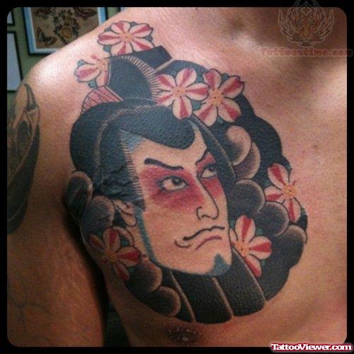 Samurai Japanese Color Ink Chest Tattoo