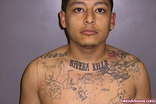 Rivera Kills Grey Ink Chest Tattoo