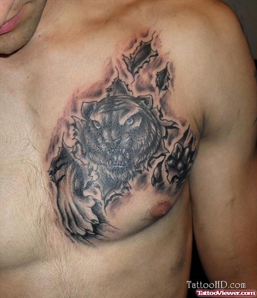 Ripped Skin Grey Ink Chest Tattoo For Men