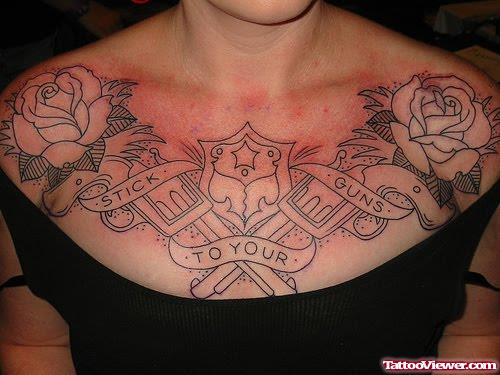 Outline Rose Flowers And Guns Chest Tattoo