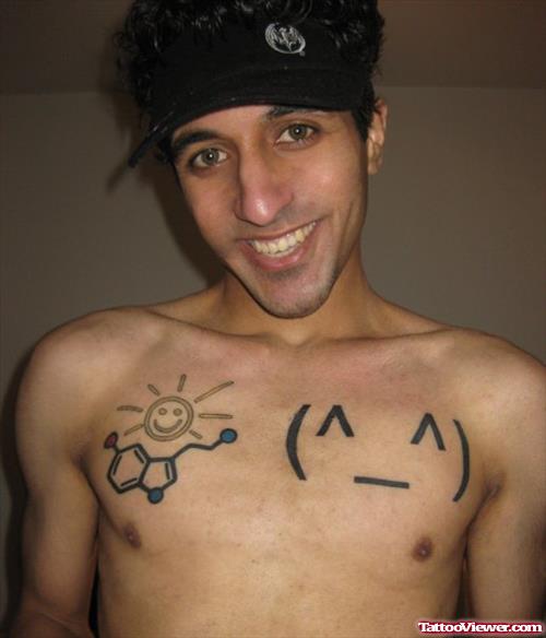 Molecule And Smoley Sun With Large Smiley Chest Tattoo