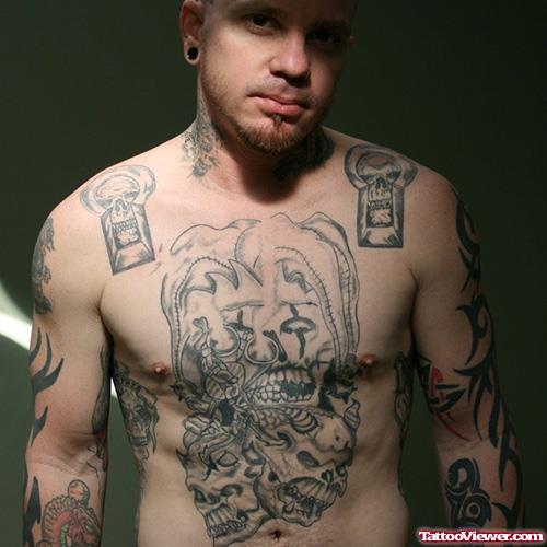 Grey Ink Clown Head Chest Tattoo For Men