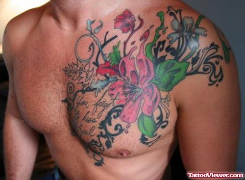 Colored flowers Chest Tattoo For Men