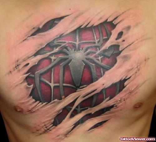 Amazing 3D Color Ink Spider Chest Tattoo