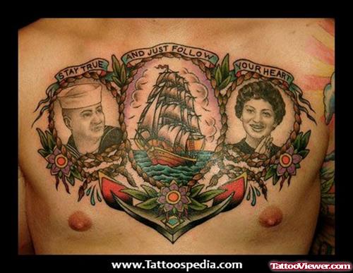 Sailor Ship And Anchor Chest Tattoo