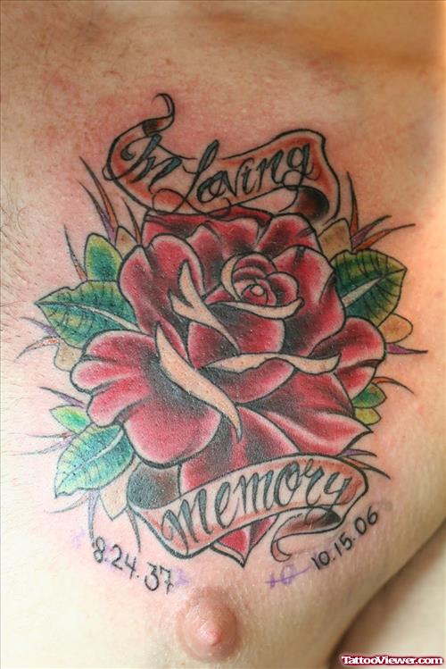 Red Rose With Banners Man Chest Tattoo