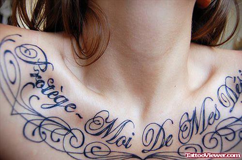 Grey Ink Script Chest Tattoo For Girls