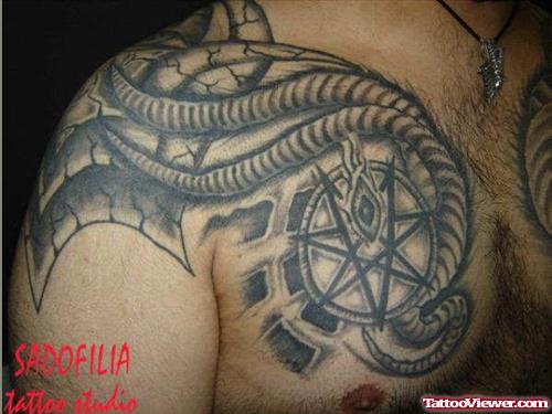 Grey Ink Pentagram Chest Tattoo