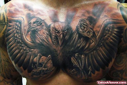Grey Ink Large Hawk Chest Tattoo For Men