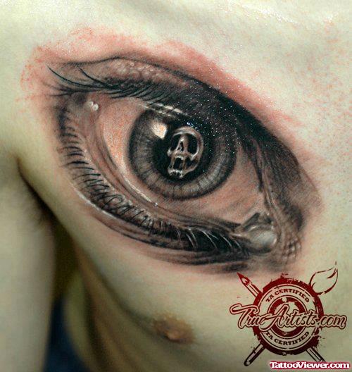 Grey Ink 3D Eye Chest Tattoo For Men