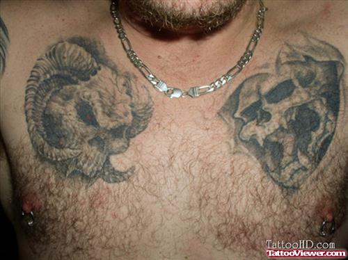 Greay Ink Goat Skull Chest Tattoos For Men