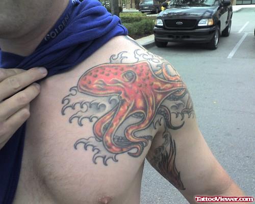 Colored Octopus Chest Tattoo For Men