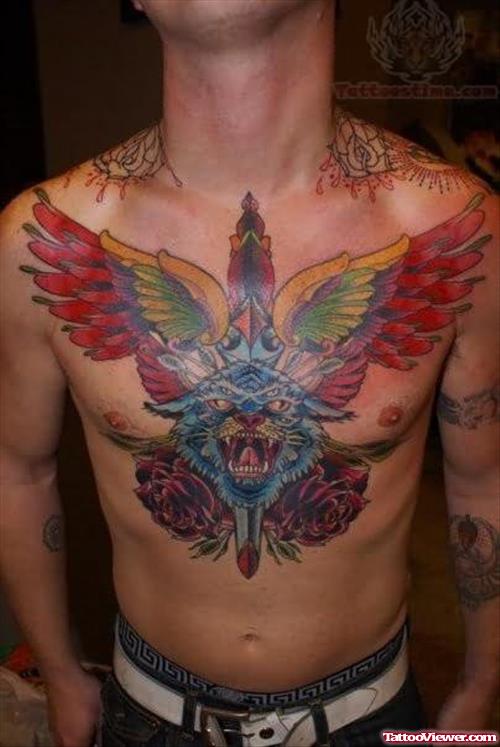 Winged Dagger and Leopard Tattoo On Chest