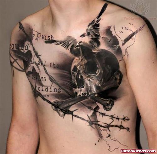 Skull And Crow Tattoo On Chest