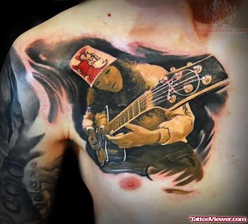 Playing Guitar Music Tattoo On Chest