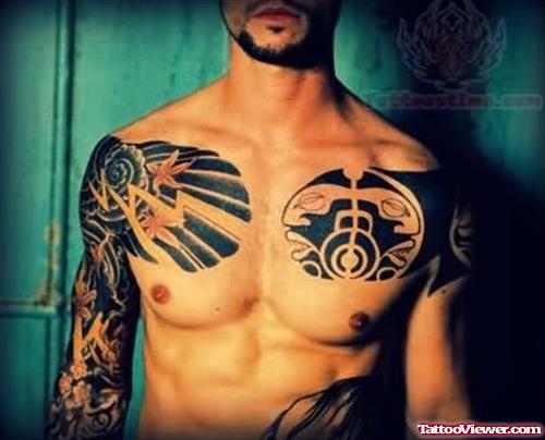 Japanese And Maori Tattoo On Chest