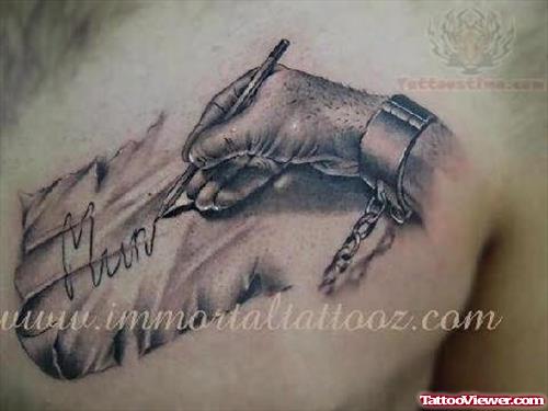 Grey Ink Hand Tattoo On Chest
