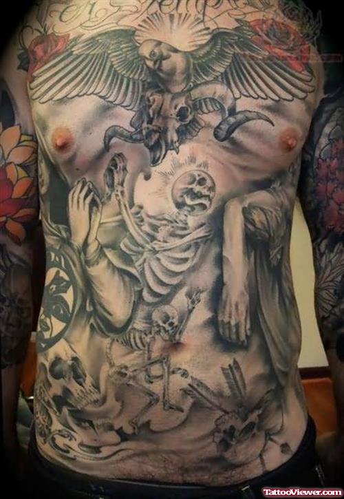 Eagle And Skeleton Tattoo On Chest
