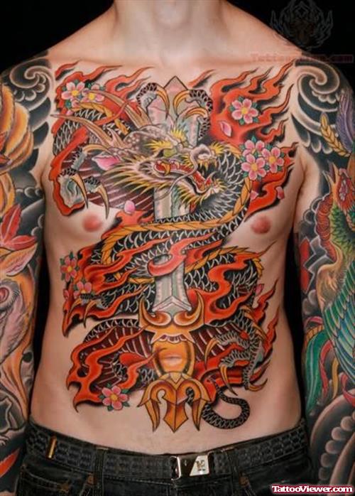 Dagger And Dragon Tattoo On Chest