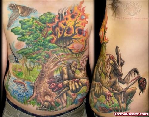 Burning Tree And Early Man Tattoo