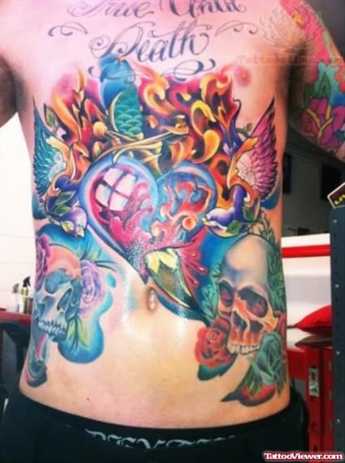 Winged Flaming Heart Tattoo On Chest