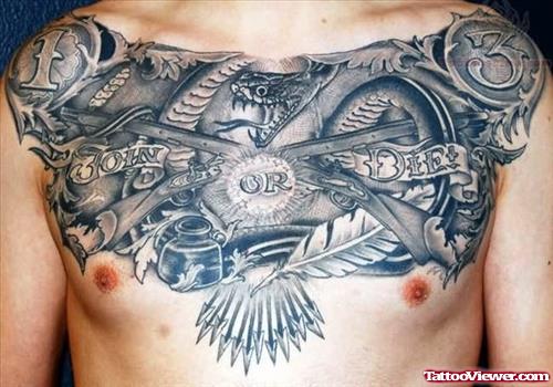 Join Or Die Grey Ink Tattoo On Chest