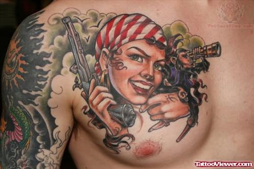 Girl With Pistol Tattoo On Chest