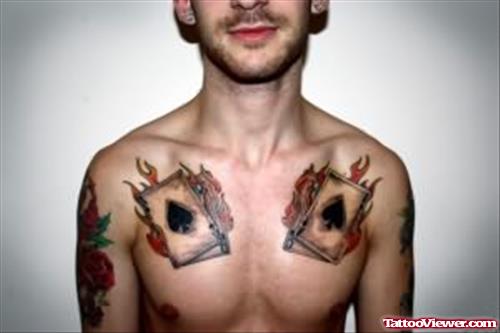 Cards Flaming Tattoo On Chest