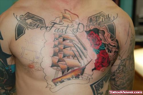Flowers And Ship Tattoos On Chest