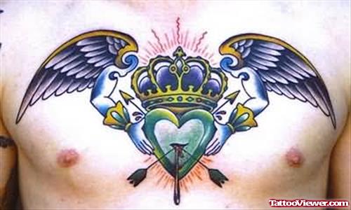 Heart And Crown Tattoo On Chest