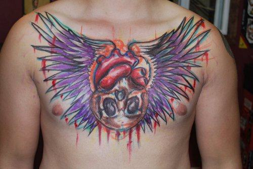 Winged Heart And Skull Chest Tattoo