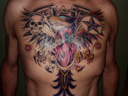 Winged Colored Heart Chest Tattoo For Men