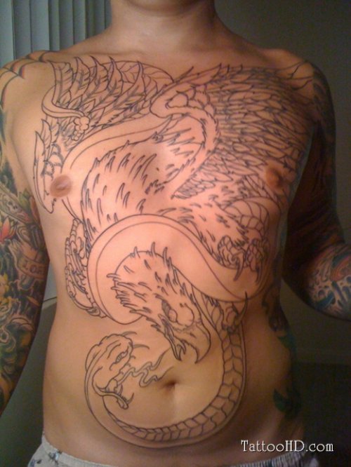 Grey Ink Hawk And Snake Chest Tattoo