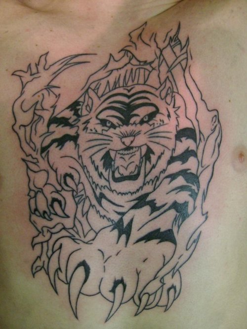 Black Ink Tiger Chest Tattoo