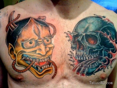 Demon Head And Skull Chest Tattoos