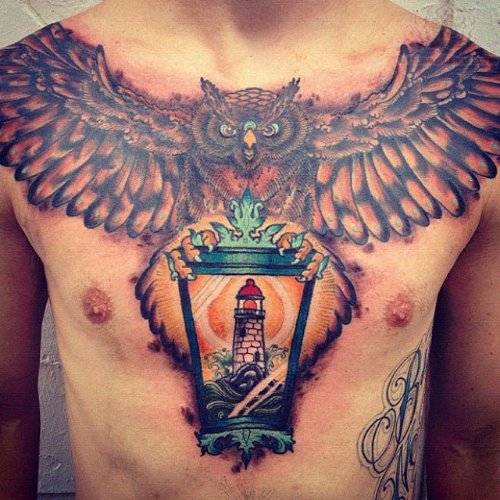 Flying Owl And Lighthouse Lamp Chest Tattoo