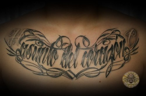 Grey Ink Writing Chest Tattoo