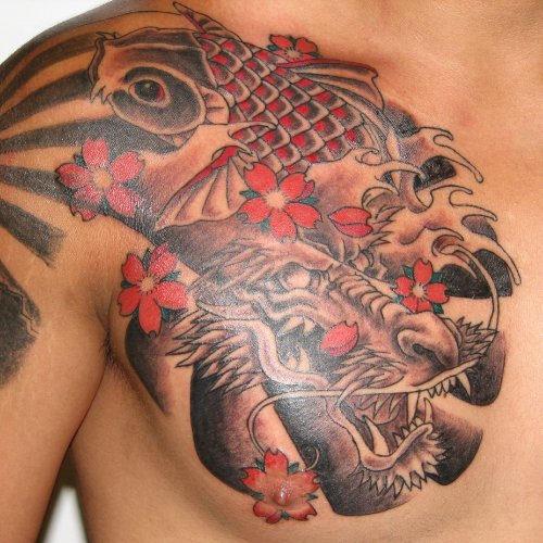 Koi And Dragon Chest Tattoo For Men