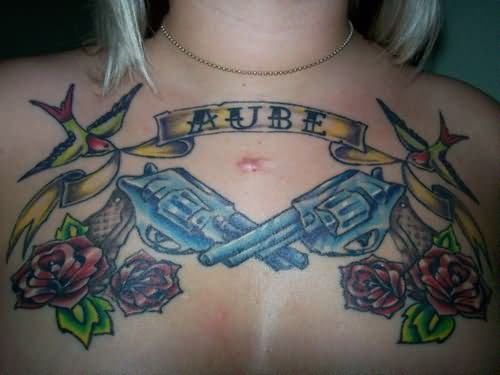 Roses And Guns Tattoo On Chest